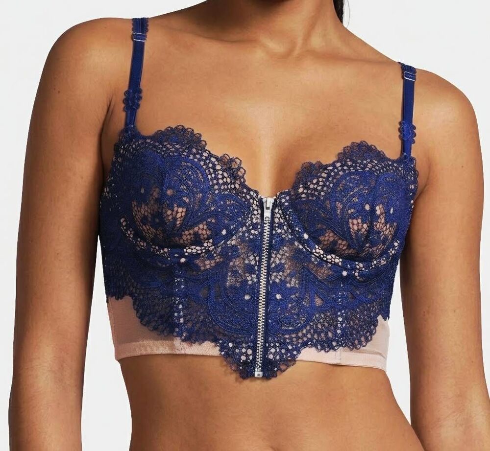 Victoria's Secret Bra Women's 32B Blue Nude Very Sexy Lined Demi Lace Zip Corset